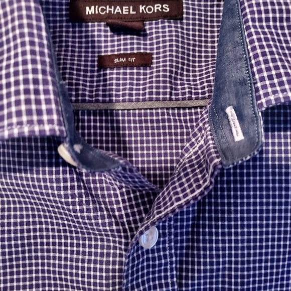 Michael Kors Mens Purple Navy Check Shirt Long Sleeve Button Up Shirt Slim Fit M - Picture 6 of 12
